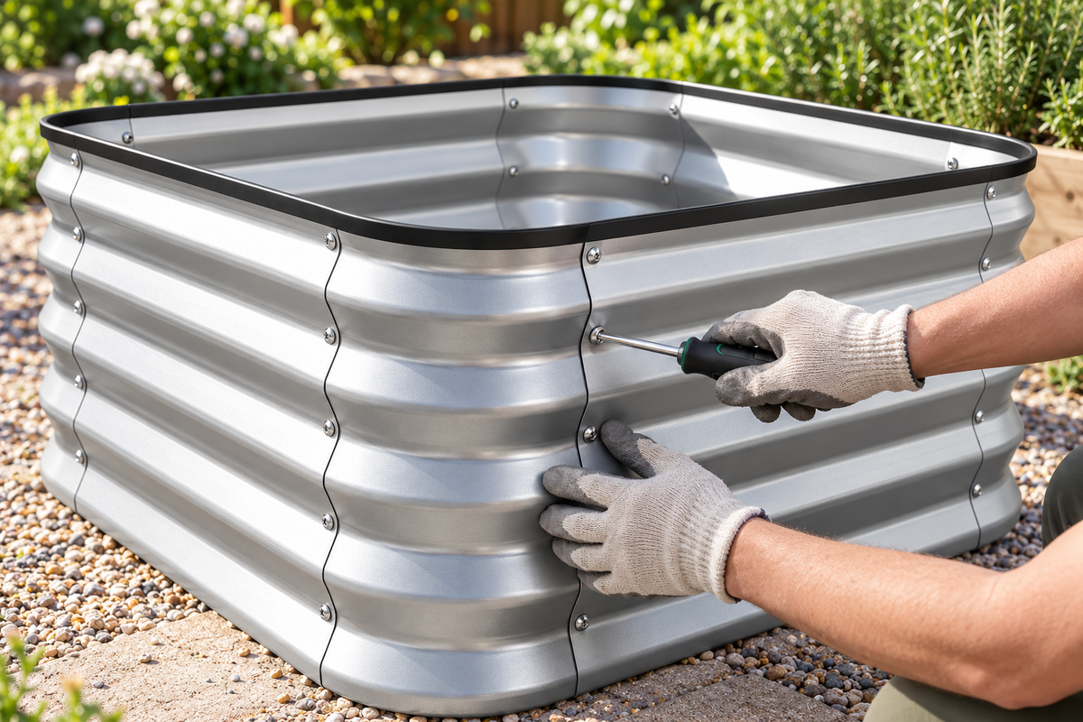 A silver corrugated metal raised garden bed with a black rubber gasket, shown outdoors on gravel with a person wearing white gloves using a screwdriver to secure the panels.