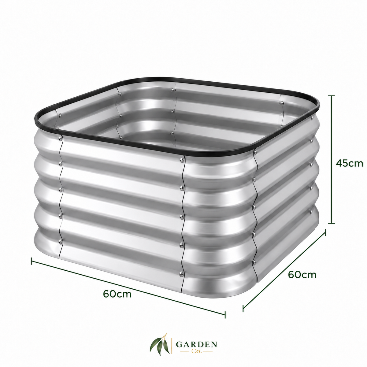 A square corrugated metal garden planter with a black rubber gasket rim, shown with dimension lines indicating 60cm by 60cm by 45cm measurements, on a white background with the Garden Co logo at the bottom.