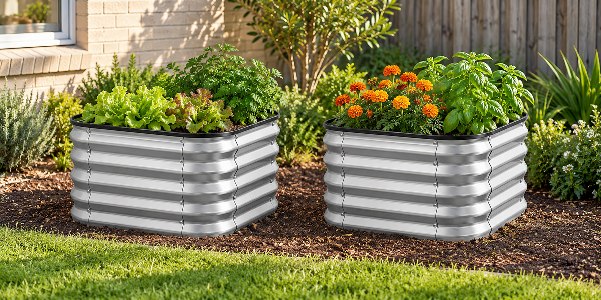 Two galvanized corrugated metal raised garden beds filled with green plants and orange marigold flowers, placed on mulch in a backyard garden setting next to a brick house.