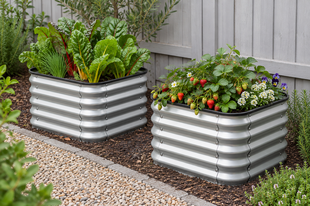 Two corrugated galvanized metal raised garden beds filled with plants, shown in a garden setting with a gray wooden fence background.