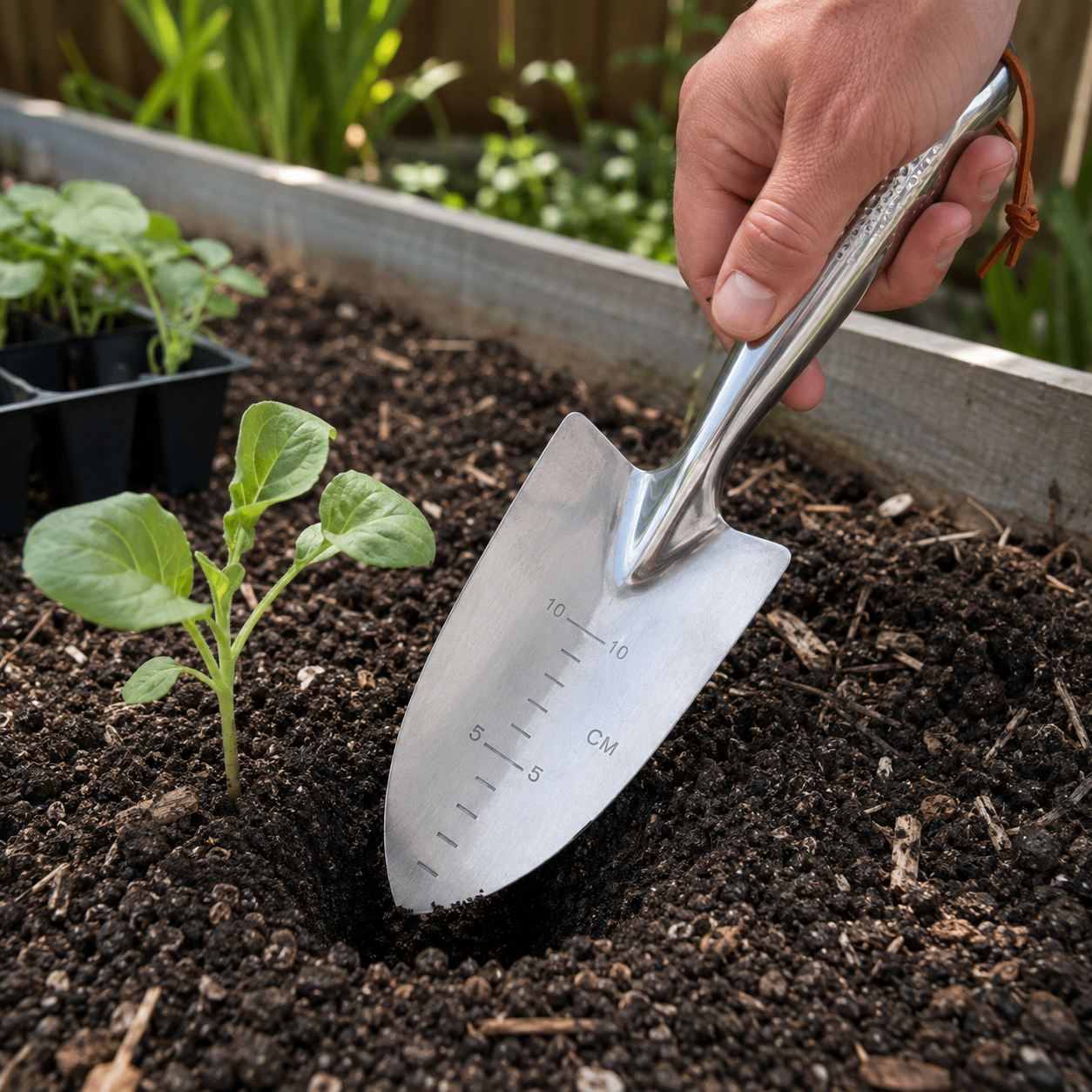 A stainless steel hand trowel with a measurement scale on the blade is being used to plant a small green seedling in dark soil inside a wooden raised garden bed.