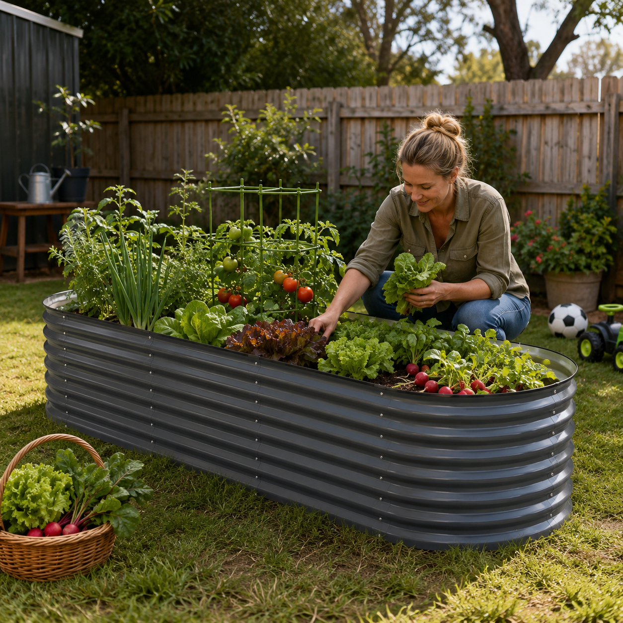 A woman gardening in a corrugated metal raised garden bed filled with leafy greens, tomatoes, and radishes in a backyard garden setting.