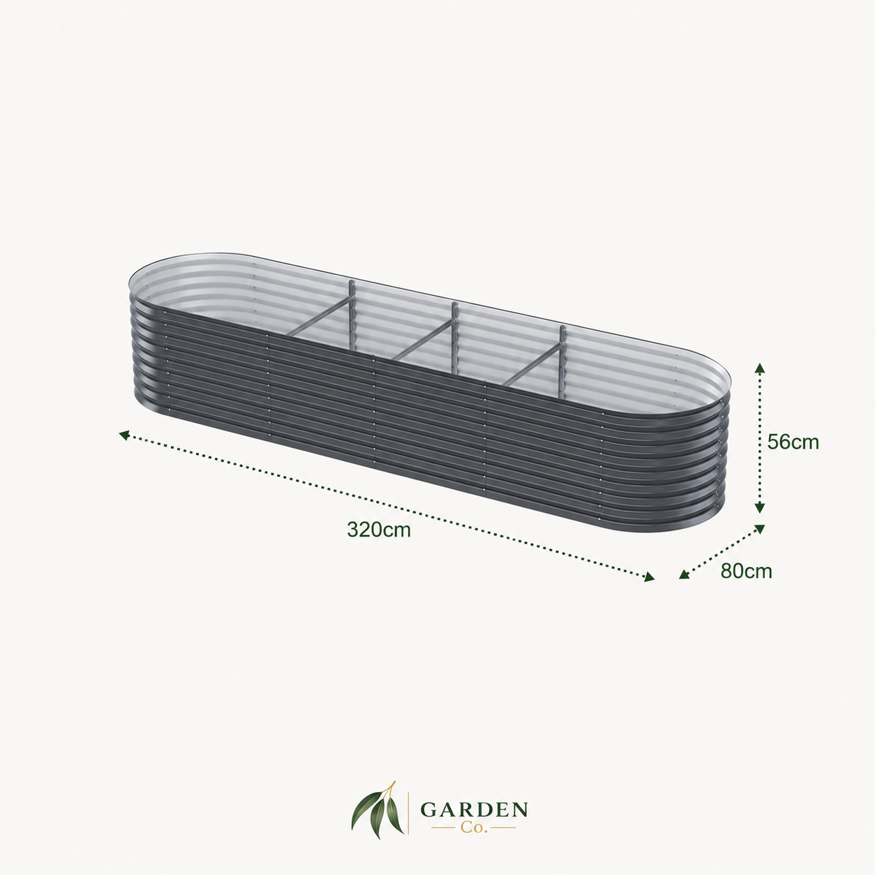 An elongated gray corrugated planter box with three compartments, shown with dimension arrows and labels indicating 320cm length, 80cm width, and 56cm height on a light background.