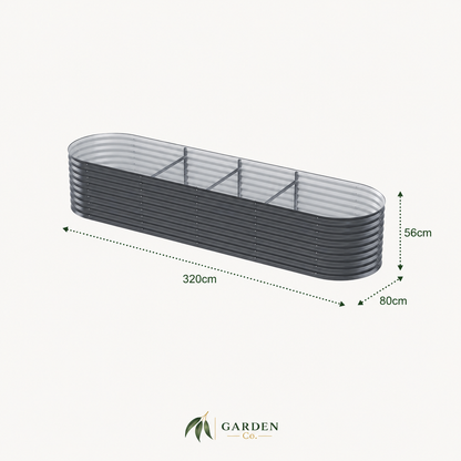 An elongated gray corrugated planter box with three compartments, shown with dimension arrows and labels indicating 320cm length, 80cm width, and 56cm height on a light background.