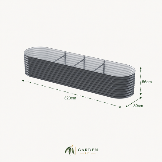 An elongated gray corrugated planter box with three compartments, shown with dimension arrows and labels indicating 320cm length, 80cm width, and 56cm height on a light background.