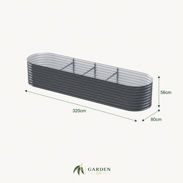 An elongated gray corrugated planter box with three compartments, shown with dimension arrows and labels indicating 320cm length, 80cm width, and 56cm height on a light background.