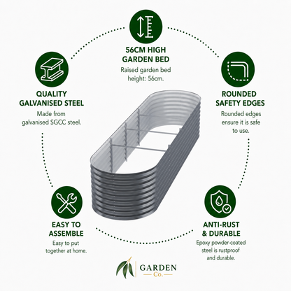 An infographic diagram of a raised garden bed with text callouts around it. The central product is a galvanized steel raised bed shown in gray.