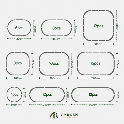 A size chart diagram showing multiple oval-shaped garden bed templates with dimensions in centimeters, labeled with piece counts such as 4pcs, 6pcs, 8pcs, 10pcs, 12pcs. The chart is on a light gray background with the brand name Garden Co at the bottom.