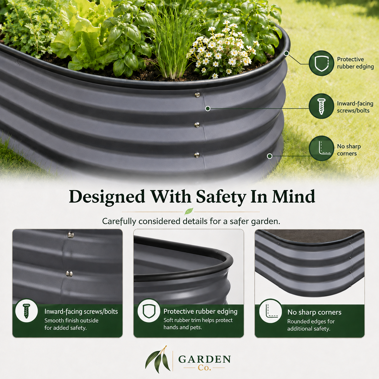 A raised garden bed with green plants on a grassy lawn, shown with callout labels and feature icons explaining safety details like protective rubber edging, inward-facing screws, and no sharp corners. Text reads 'Designed With Safety In Mind' and the Garden Co.