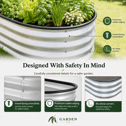 A corrugated metal garden planter filled with green plants, shown outdoors on grass with callout graphics and feature icons explaining safety details. Text reads 'Designed With Safety In Mind' and shows three close-up detail panels below.