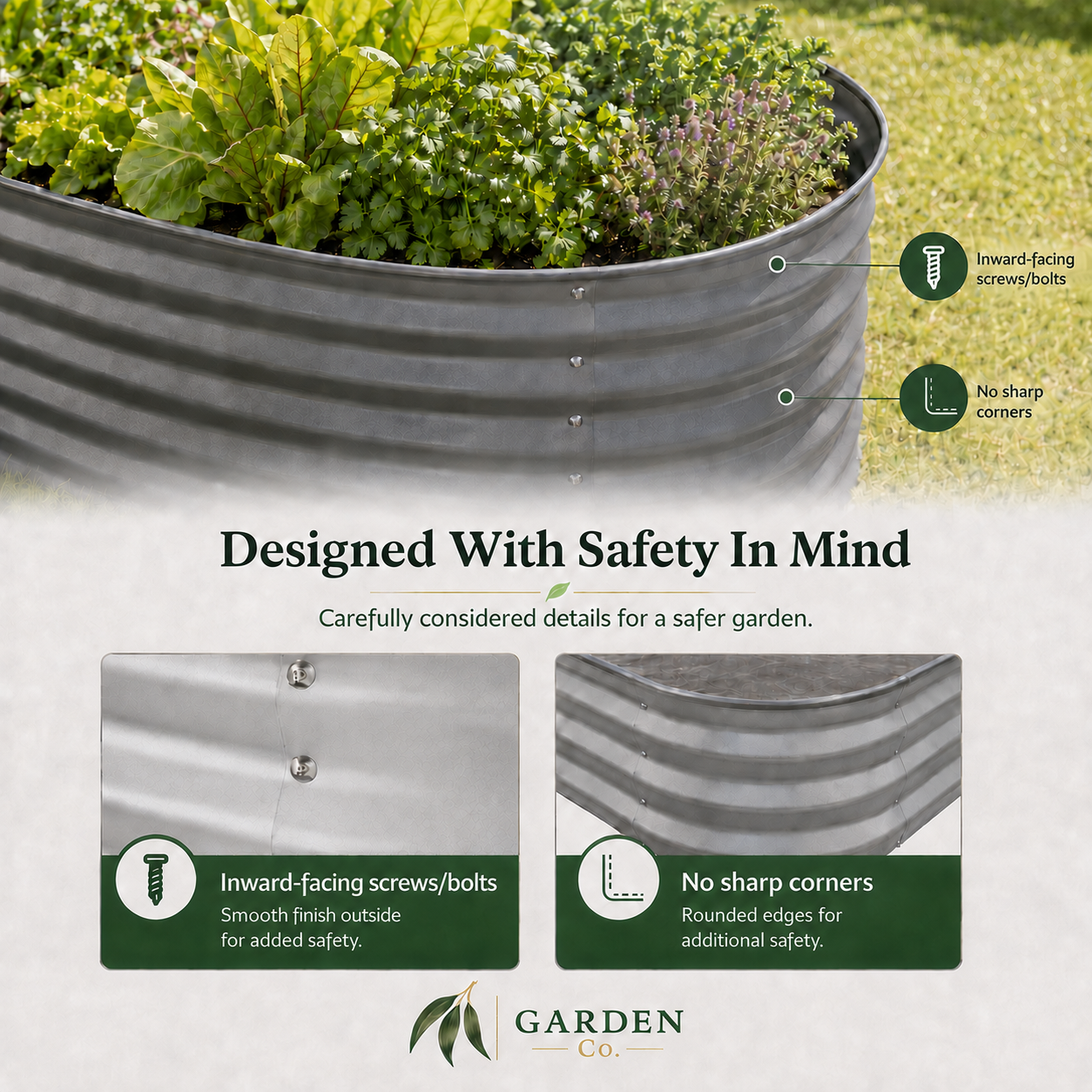 A galvanized corrugated metal garden planter shown outdoors on grass with plants growing inside, plus callout graphics and inset detail panels explaining screw fastening and rounded corners. The text reads 'Designed With Safety In Mind' and shows the Garden Co.