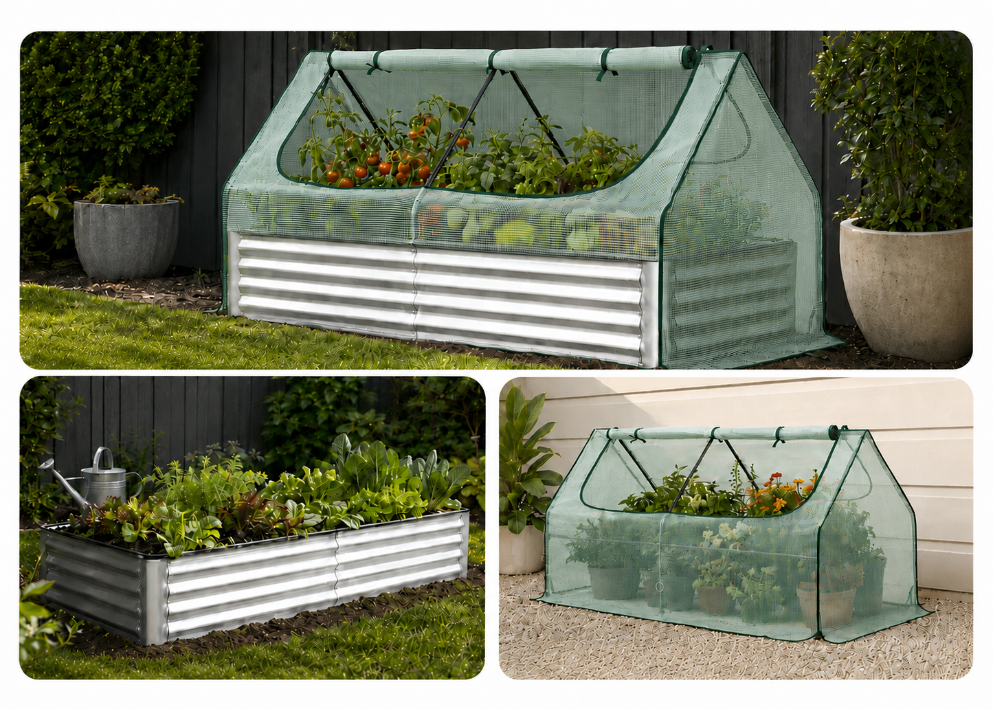 A collage showing a corrugated metal raised garden bed with a light green fabric hoop house cover in three outdoor garden settings. The top large panel shows the covered bed with plants inside, the bottom left panel shows the uncovered bed with plants and a watering can, and the bottom right panel shows the covered bed on a patio.