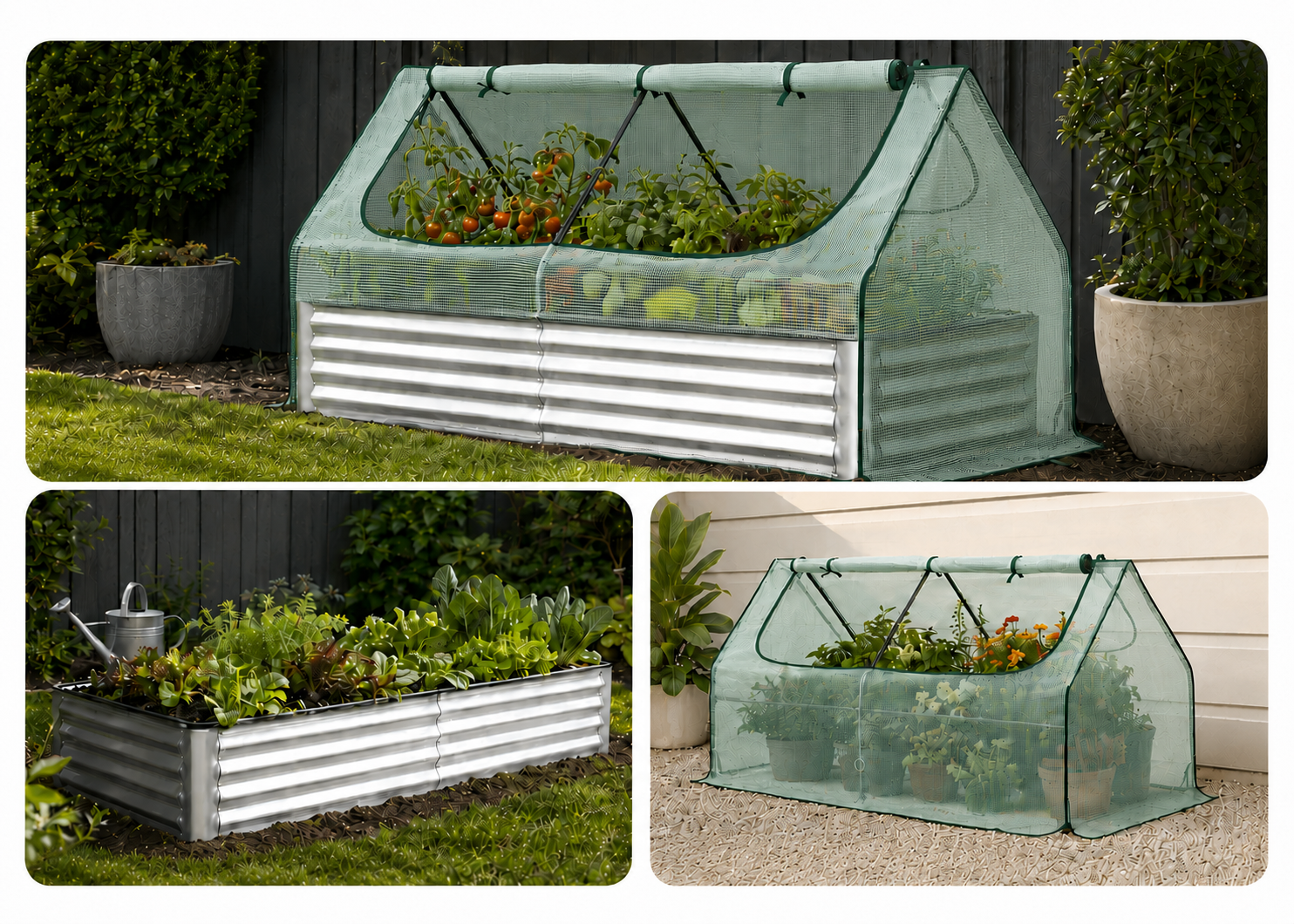 A collage showing a corrugated metal raised garden bed with a light green fabric hoop house cover in three outdoor garden settings. The top large panel shows the covered bed with plants inside, the bottom left panel shows the uncovered bed with plants and a watering can, and the bottom right panel shows the covered bed on a patio.