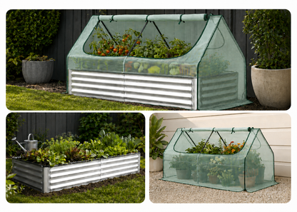 A collage showing a corrugated metal raised garden bed with a light green fabric hoop house cover in three outdoor garden settings. The top large panel shows the covered bed with plants inside, the bottom left panel shows the uncovered bed with plants and a watering can, and the bottom right panel shows the covered bed on a patio.
