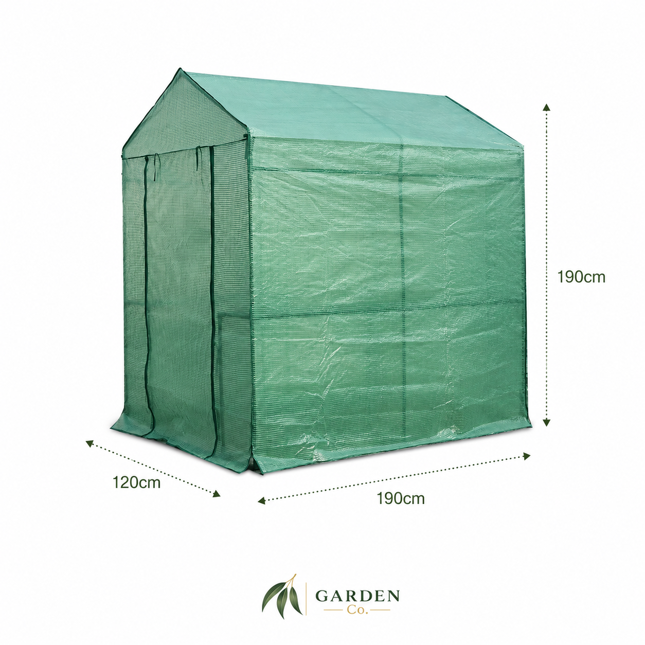 Green fabric greenhouse tent with dimension markings showing 120cm width, 190cm depth, and 190cm height, on a white background with the Garden Co logo at the bottom.