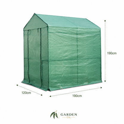 Green fabric greenhouse tent with dimension markings showing 120cm width, 190cm depth, and 190cm height, on a white background with the Garden Co logo at the bottom.