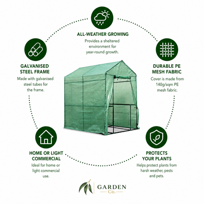 A green garden hoop house with a white and green mesh cover, shown on a white background with feature callouts and the Garden Co. logo.