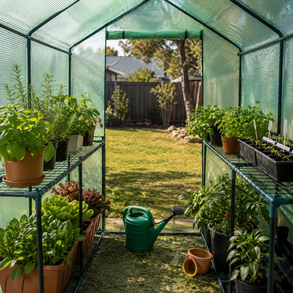 A green mesh greenhouse with metal shelving holding potted herbs and seedlings, with a green watering can and an open doorway showing a backyard lawn in the background.