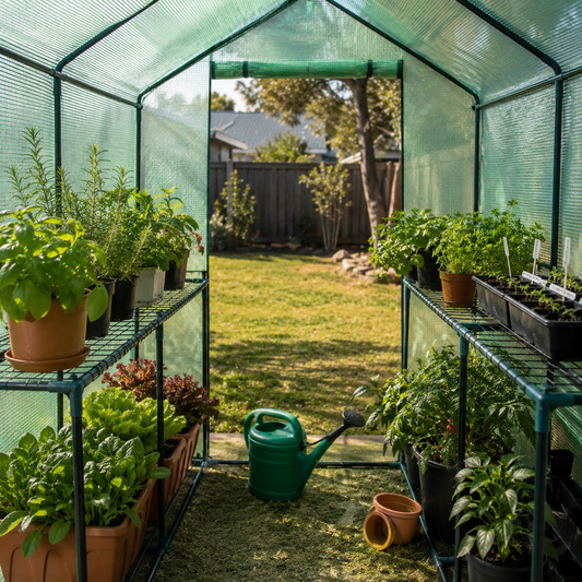A green mesh greenhouse with metal shelving holding potted herbs and seedlings, with a green watering can and an open doorway showing a backyard lawn in the background.