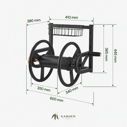 Black garden hose reel with an integrated wire basket, shown with dimension callouts on a light gray background. The Garden Co.
