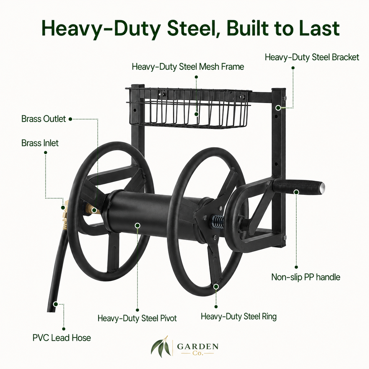A heavy-duty steel garden hose reel with labeled callouts on a white background, including brass outlet and brass inlet, plus the headline 'Heavy-Duty Steel, Built to Last.'.
