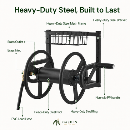 A heavy-duty steel garden hose reel with labeled callouts on a white background, including brass outlet and brass inlet, plus the headline 'Heavy-Duty Steel, Built to Last.'.