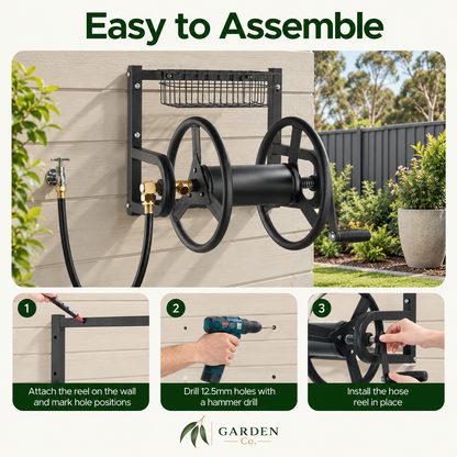 Black metal garden hose reel mounted on a beige house siding wall, with a black garden hose attached. The image includes the text 'Easy to Assemble' and three step-by-step assembly diagrams at the bottom showing how to attach the reel, drill hole positions, and install the hose reel.