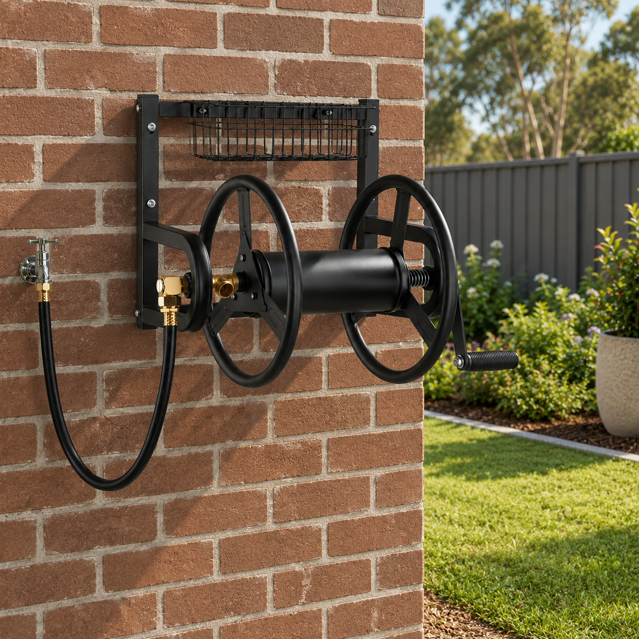 Black outdoor hose reel mounted on a red brick wall in a backyard, with a black garden hose attached and a metal wire basket above the reel.