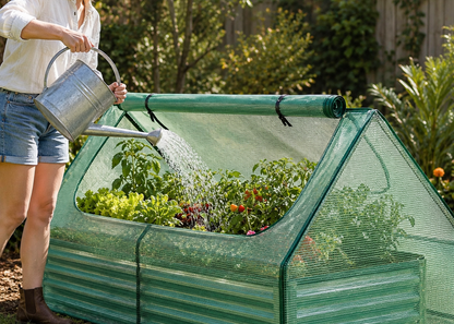 A person watering a green mesh raised garden bed with plants, in a sunny backyard garden setting.