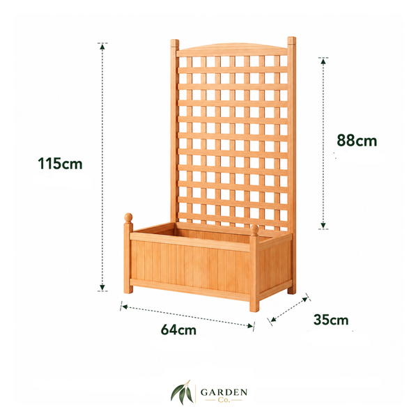 Wooden planter box with dimensions on a white background, featuring the Garden Co. logo.