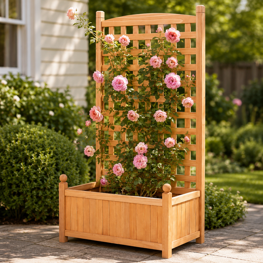 A wooden garden trellis planter with a raised planter box and climbing rose trellis, shown in a real garden setting with pink roses growing through it.