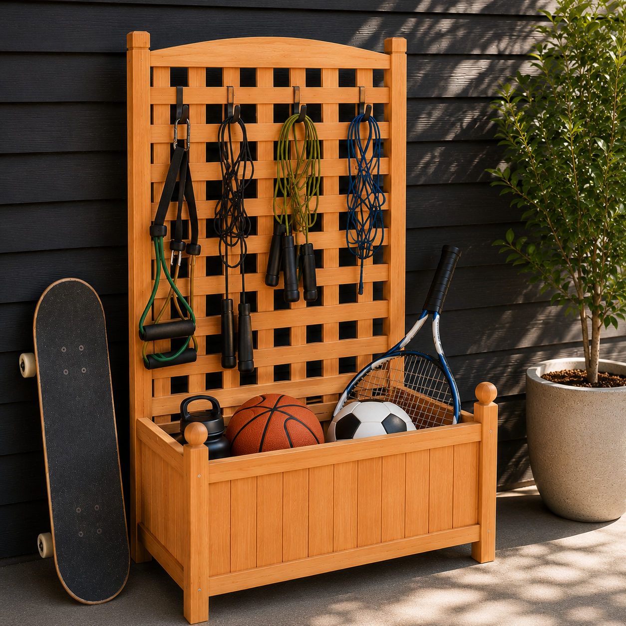 Wooden Garden Bed with Trellis - Wooden storage bench with sports equipment against a dark wooden wall.