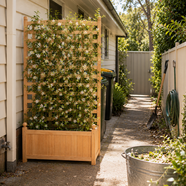 Wooden garden bed with trellis screen with plants and flowers in a backyard setting to hide rubbish bins