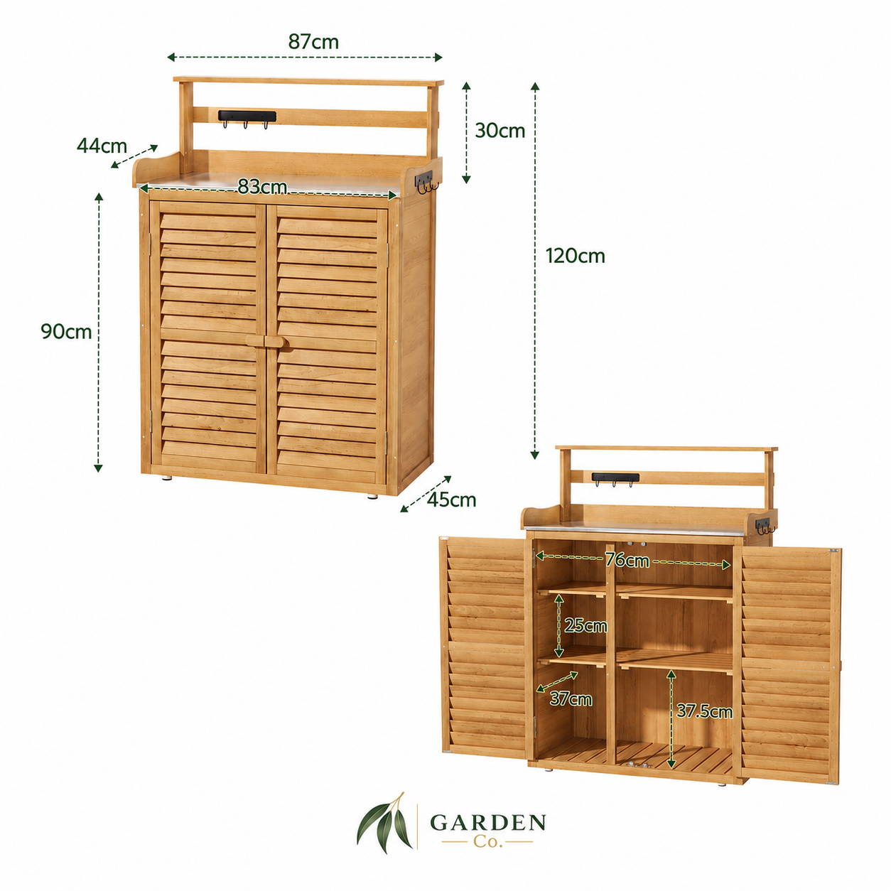 Wooden cabinet with dimensions labeled on a white background, featuring the Garden Co logo.