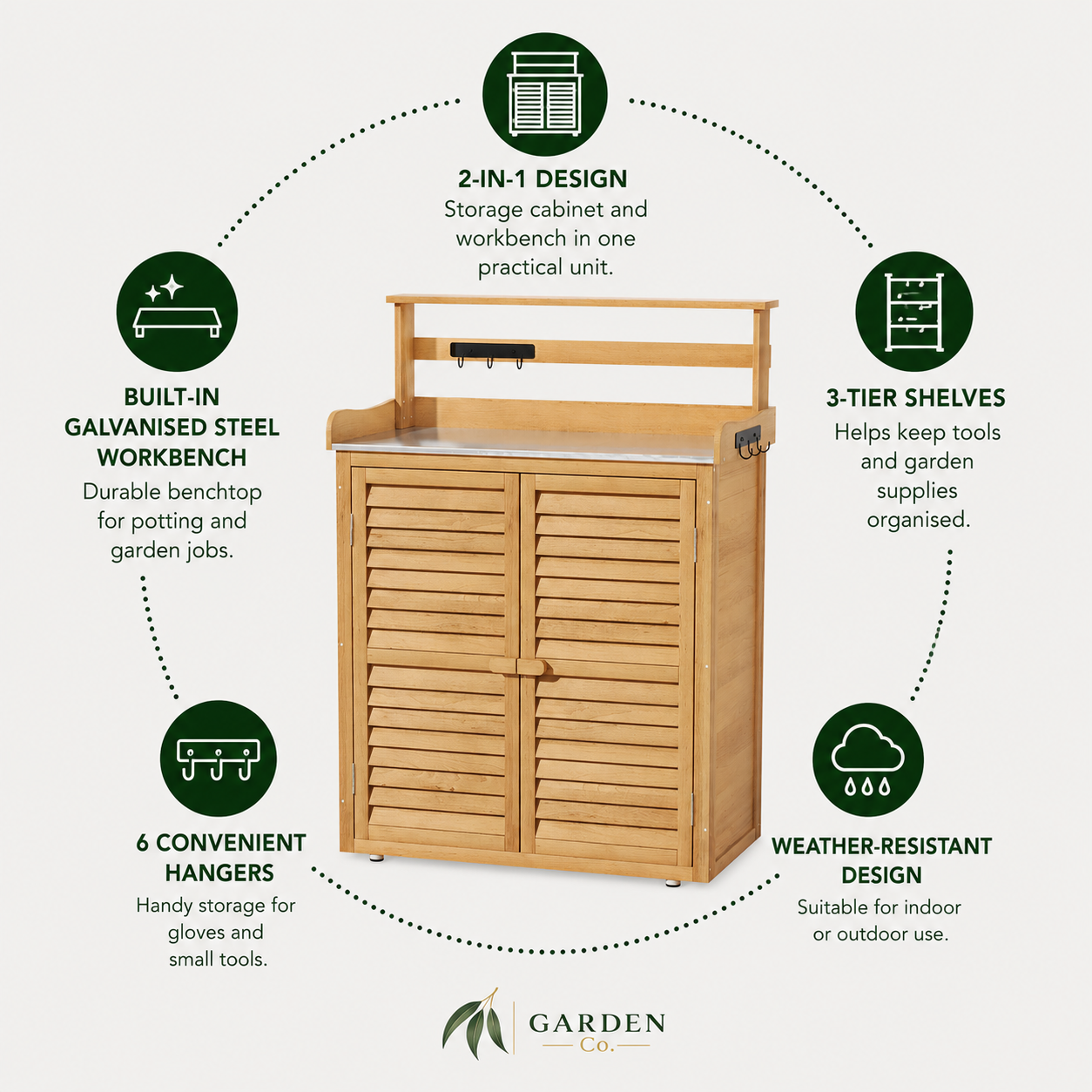 Wooden storage cabinet with workbench features and 'Garden Co' branding.