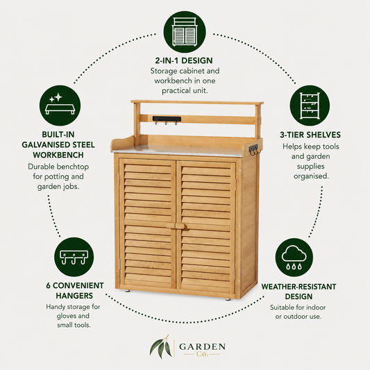Wooden storage cabinet with workbench features and 'Garden Co' branding.