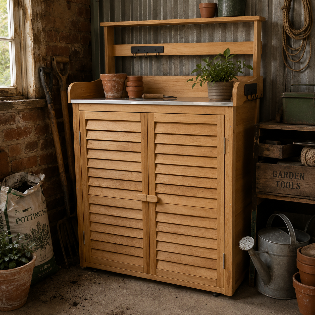 Wooden cabinet with louvered doors in a rustic indoor setting with gardening tools and plants.