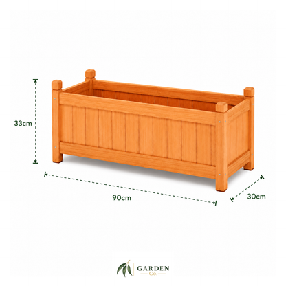 Wooden raised garden bed with dimensions on a white background