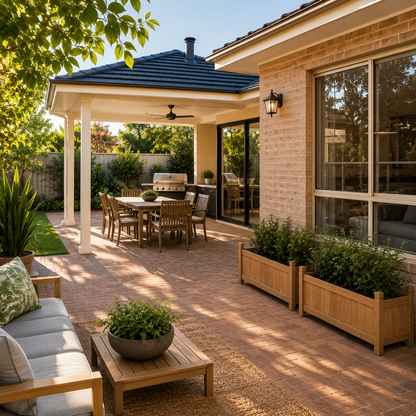 Wooden Raised Garden Bed x 2 in an outdoor patio area with furniture, plants, and a house in the background
