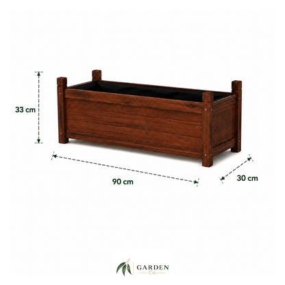 Wooden raised planter box with dimensions on a white background, featuring the Garden Co. logo.