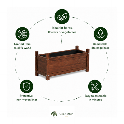 Wooden raised planter box with green icons and text highlighting features on a white background