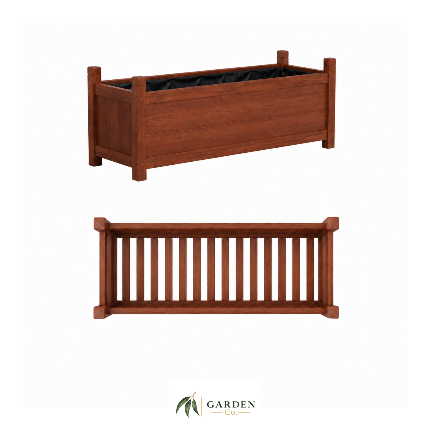 Wooden raised planter box with a white background