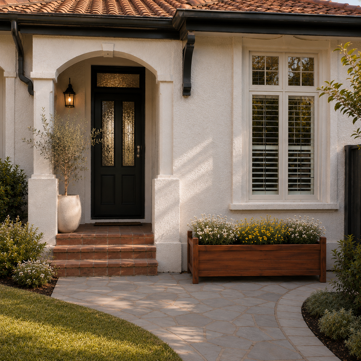 Wooden Raised Planter Box – Front of a house with a black door, white walls, and a wooden planter box with flowers.