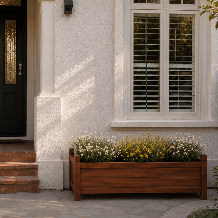 Wooden Raised Planter Box – Wooden planter with flowers in front of a house with a window and door.