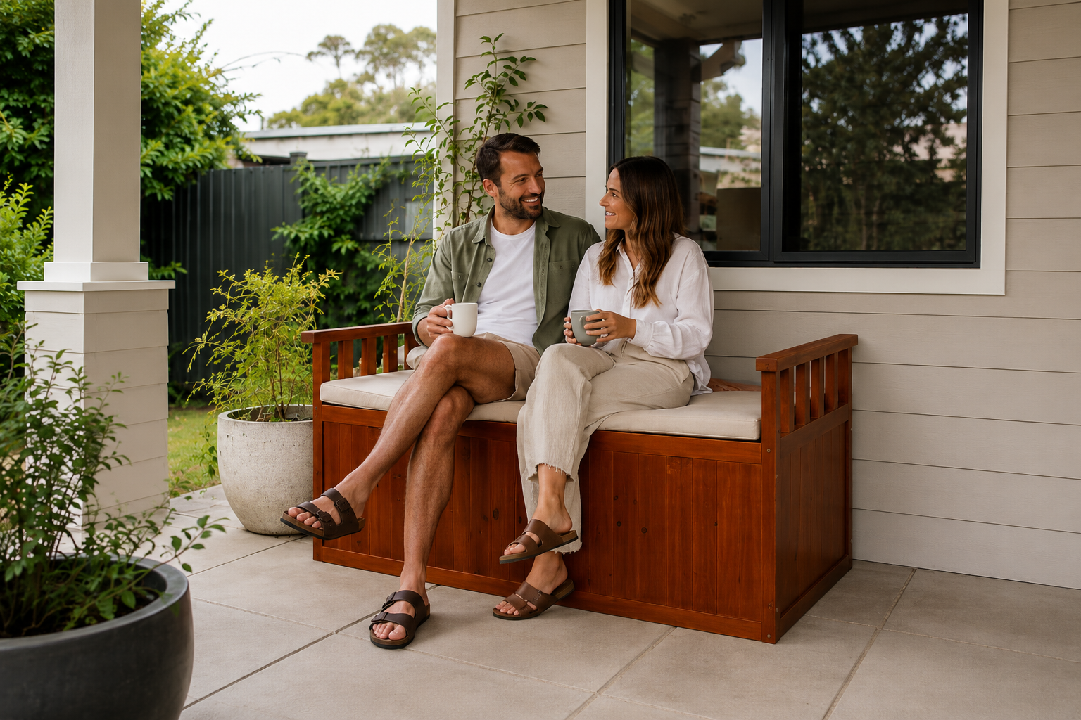 A couple sits on a wooden bench with a cream cushion on a house porch, holding mugs and talking. The porch has light beige siding, a large window, and potted plants.