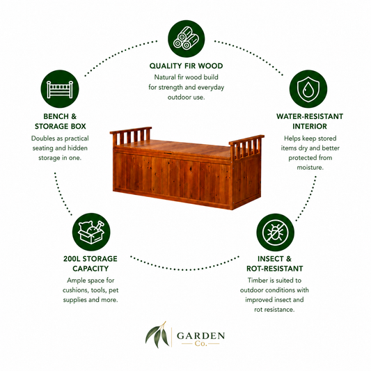 Wooden bench with storage features and benefits on a white background