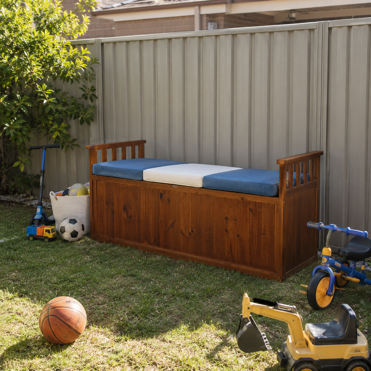 Wooden storage seat in backyard with toys surrounding it.