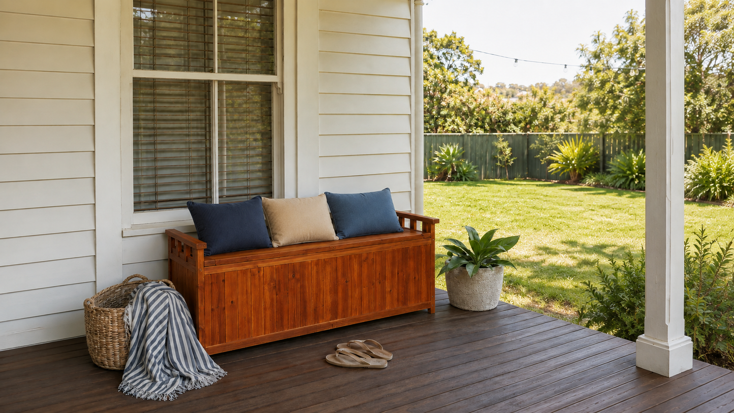 A wooden outdoor storage bench with navy and beige throw pillows sits on a dark wood porch next to a window, with a green backyard lawn in the background.