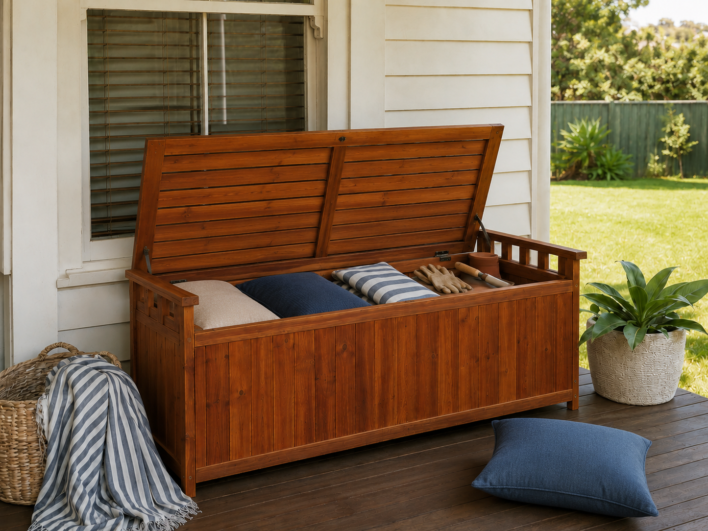 A large wooden storage bench with the lid open, styled on a porch with cushions, a throw blanket, a basket, and a potted plant. The background shows a house exterior and a green lawn.