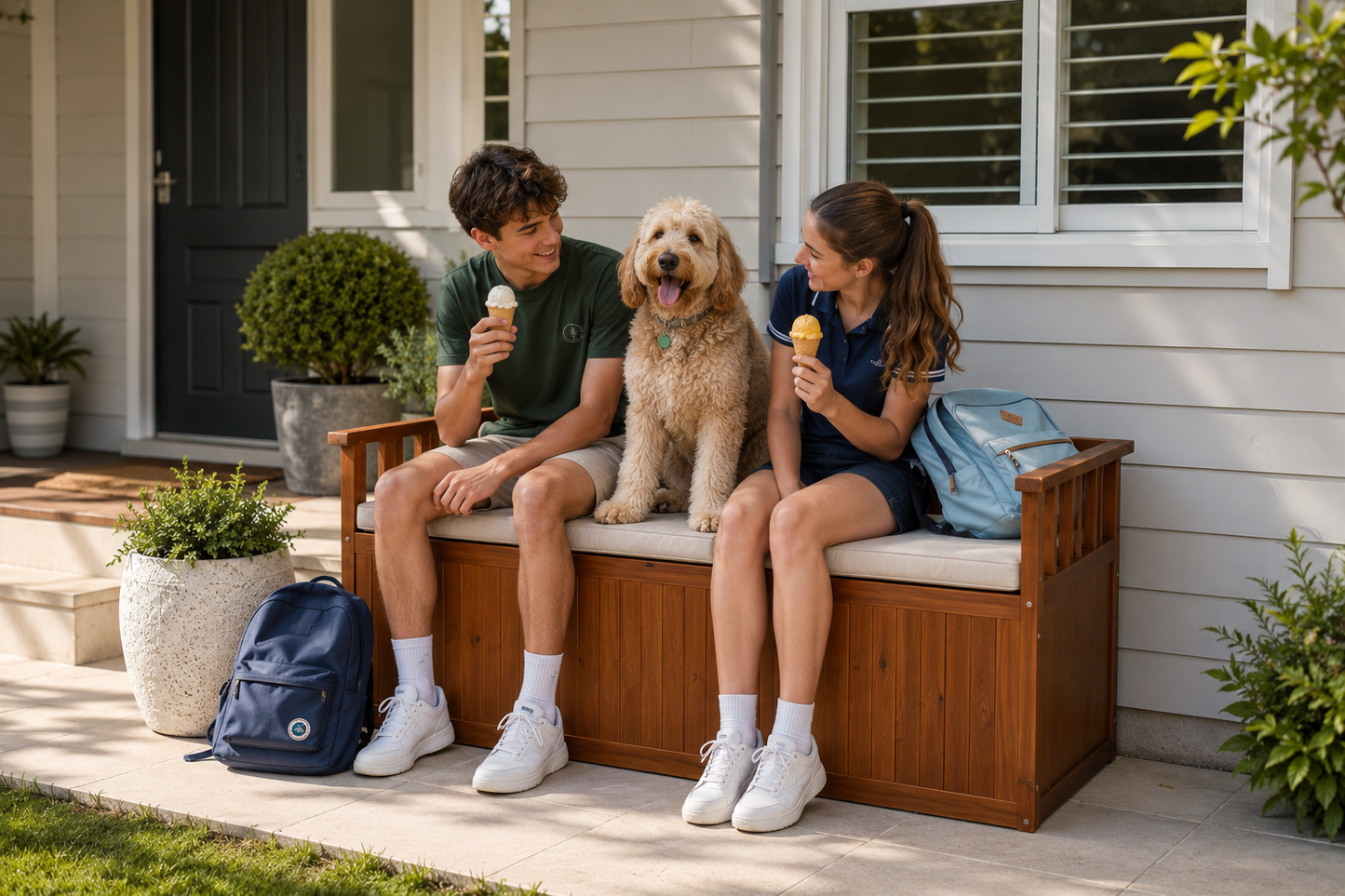 A man and a woman sit on a wooden outdoor bench with a dog on a porch, each holding an ice cream cone. A blue backpack sits on the porch beside them.
